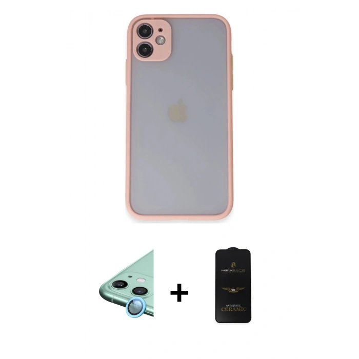 MARSİLYAN™- iPhone 11 Kılıf Ahenk Çizgi Serisi - Siyah 6D Antistatik Mat Seramik Hayalet Nano Ekran Koruyucu + Mavi Raze Metal Kamera Lens