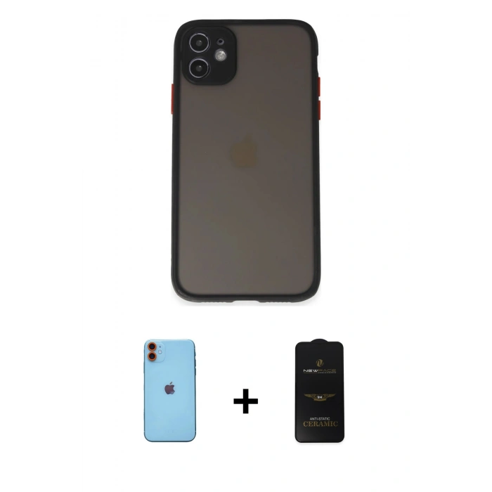 MARSİLYAN™- iPhone 11 Kılıf Ahenk Çizgi Serisi - Siyah 6D Antistatik Mat Seramik Hayalet Nano Ekran Koruyucu + Turuncu Neon Fosforlu Kamera Lens