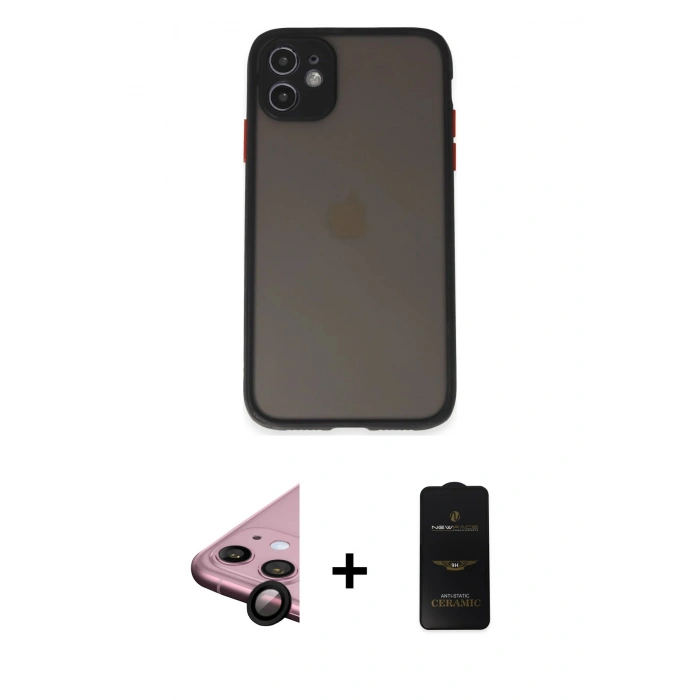 MARSİLYAN™- iPhone 11 Kılıf Ahenk Çizgi Serisi - Siyah 6D Antistatik Mat Seramik Hayalet Nano Ekran Koruyucu + Raze Metal Kamera Lens - SH