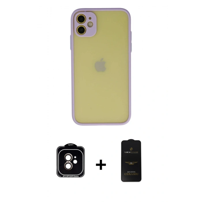 MARSİLYAN™- iPhone 11 Kılıf Ahenk Çizgi Serisi - Siyah 6D Antistatik Mat Seramik Hayalet Nano Ekran Koruyucu + PVD Metal Kamera Lens - TU