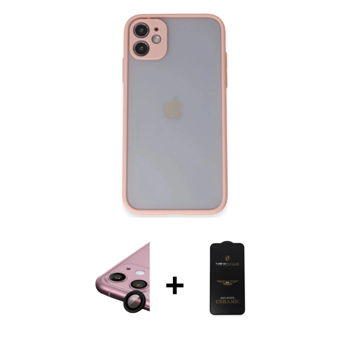 MARSİLYAN™- iPhone 11 Kılıf Ahenk Çizgi Serisi - Siyah 6D Antistatik Mat Seramik Hayalet Nano Ekran Koruyucu + Raze Metal Kamera Lens - SH