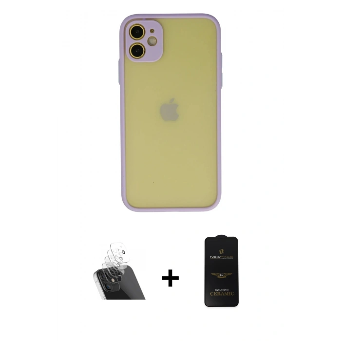 MARSİLYAN™- iPhone 11 Kılıf Ahenk Çizgi Serisi - Siyah 6D Antistatik Mat Seramik Hayalet Nano Ekran Koruyucu + Kamera Lens Koruma Cam - SF