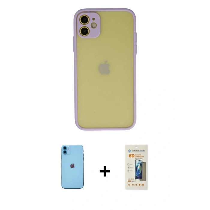 MARSİLYAN™- iPhone 11 Kılıf Ahenk Çizgi Serisi - Siyah 6D Mat Seramik Hayalet Nano Ekran Koruyucu + Neon Fosforlu Kamera Lens - MI