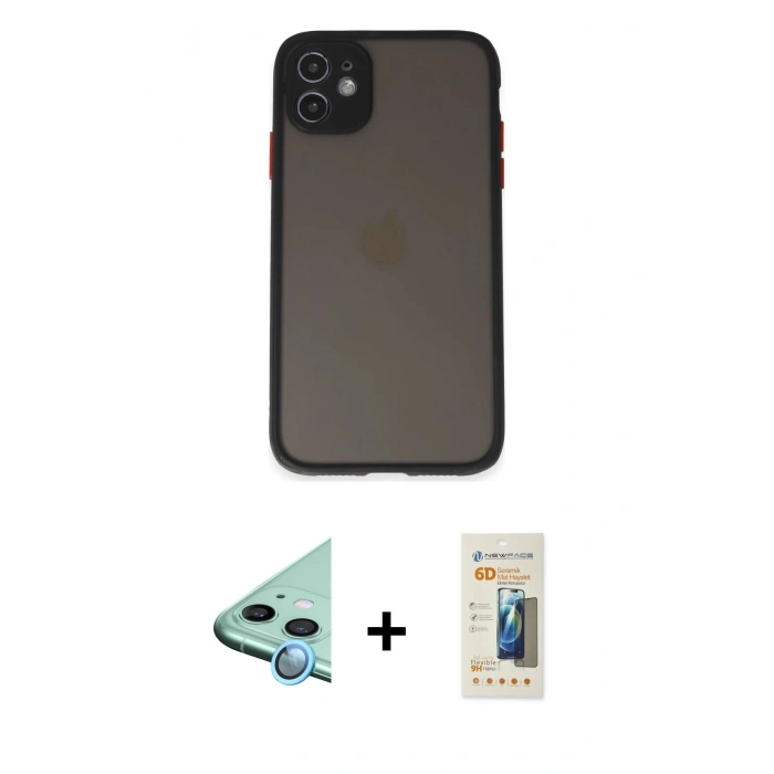 MARSİLYAN™- iPhone 11 Kılıf Ahenk Çizgi Serisi - Siyah 6D Mat Seramik Hayalet Nano Ekran Koruyucu + Raze Metal Kamera Lens - MI