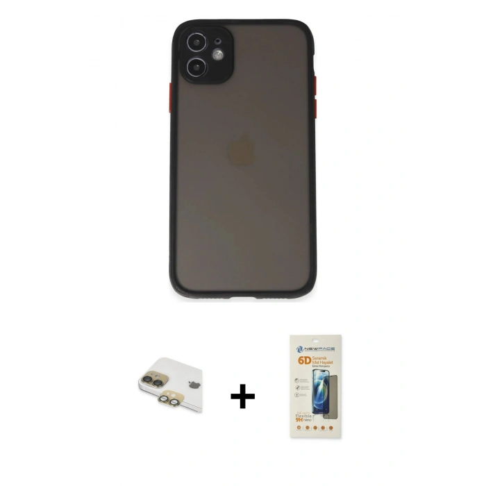 MARSİLYAN™- iPhone 11 Kılıf Ahenk Çizgi Serisi - Siyah 6D Mat Seramik Hayalet Nano Ekran Koruyucu + Pers Alüminyum Kamera Lens - GD
