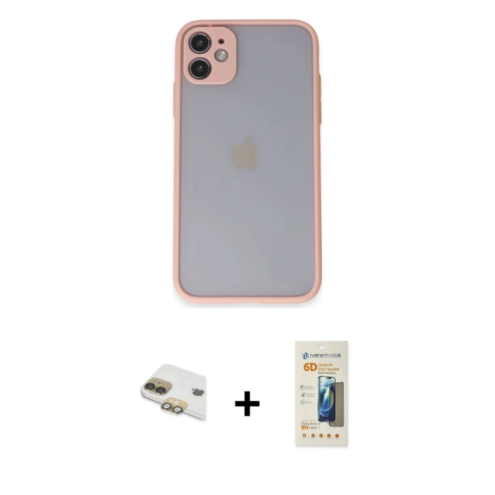 MARSİLYAN™- iPhone 11 Kılıf Ahenk Çizgi Serisi - Siyah 6D Mat Seramik Hayalet Nano Ekran Koruyucu + Pers Alüminyum Kamera Lens - GD