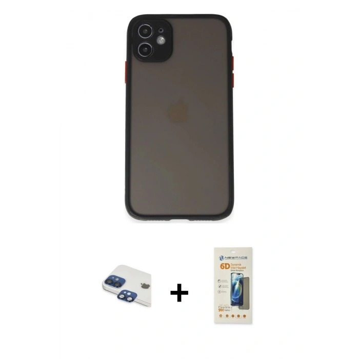 MARSİLYAN™- iPhone 11 Kılıf Ahenk Çizgi Serisi - Siyah 6D Mat Seramik Hayalet Nano Ekran Koruyucu + Pers Alüminyum Kamera Lens - LT