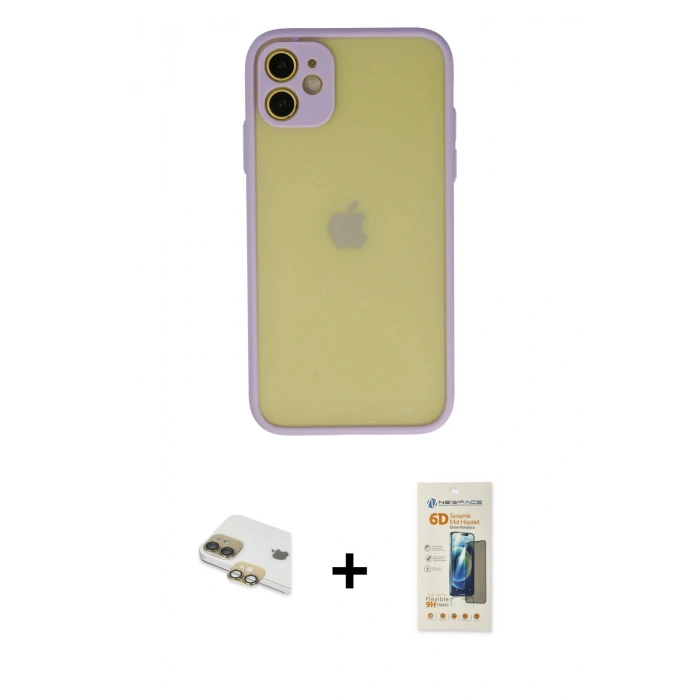 MARSİLYAN™- iPhone 11 Kılıf Ahenk Çizgi Serisi - Siyah 6D Mat Seramik Hayalet Nano Ekran Koruyucu + Pers Alüminyum Kamera Lens - GD