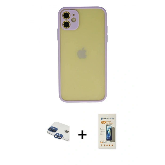 MARSİLYAN™- iPhone 11 Kılıf Ahenk Çizgi Serisi - Siyah 6D Mat Seramik Hayalet Nano Ekran Koruyucu + Pers Alüminyum Kamera Lens - LT