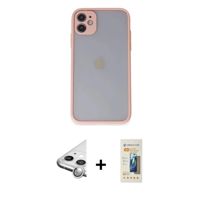 MARSİLYAN™- iPhone 11 Kılıf Ahenk Çizgi Serisi - Siyah 6D Mat Seramik Hayalet Nano Ekran Koruyucu + Raze Metal Kamera Lens - GS