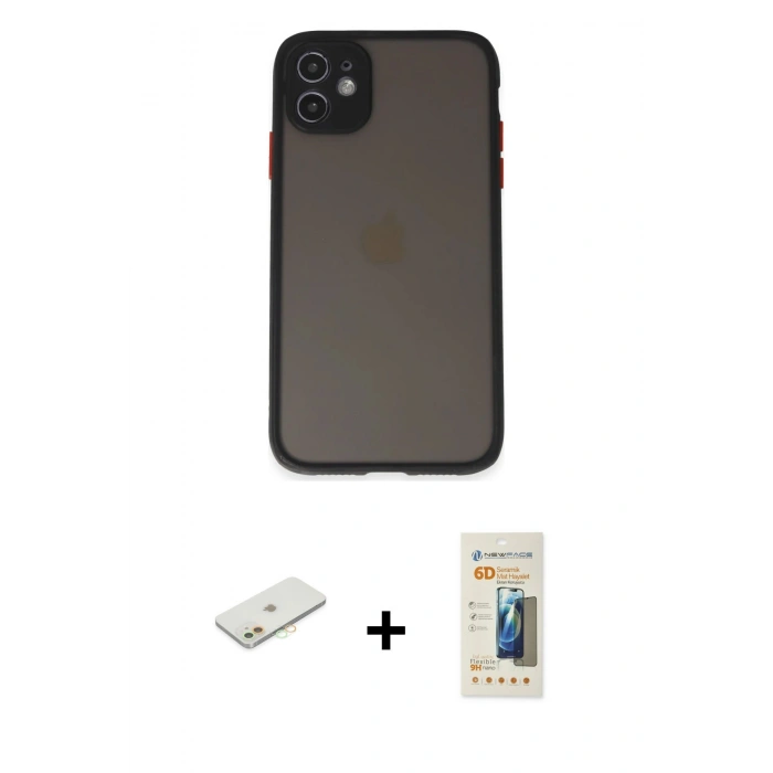 MARSİLYAN™- iPhone 11 Kılıf Ahenk Çizgi Serisi - Siyah 6D Mat Seramik Hayalet Nano Ekran Koruyucu + Renkli Kamera Lens Koruma Cam - TU