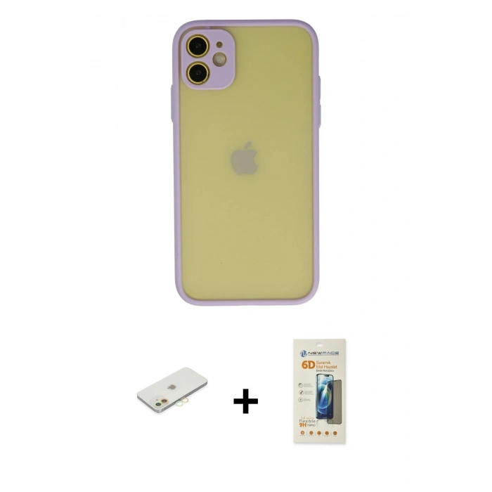 MARSİLYAN™- iPhone 11 Kılıf Ahenk Çizgi Serisi - Siyah 6D Mat Seramik Hayalet Nano Ekran Koruyucu + Renkli Kamera Lens Koruma Cam - TU