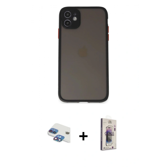 MARSİLYAN™- iPhone 11 Kılıf Ahenk Çizgi Serisi - Siyah Bilvis 3D Cam Ekran Koruyucu + Pers Alüminyum Kamera Lens - GI