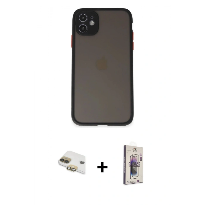 MARSİLYAN™- iPhone 11 Kılıf Ahenk Çizgi Serisi - Siyah Bilvis 3D Cam Ekran Koruyucu + Pers Alüminyum Kamera Lens - GD