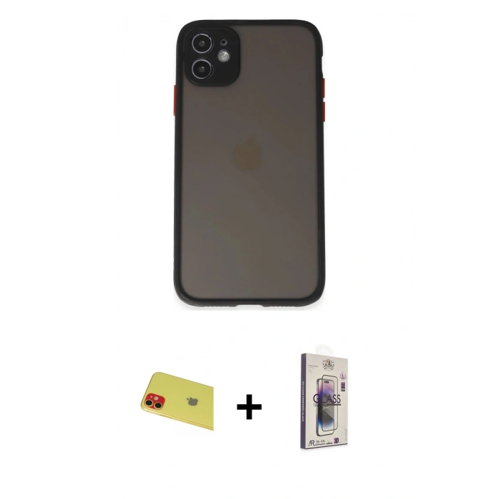 MARSİLYAN™- iPhone 11 Kılıf Ahenk Çizgi Serisi - Siyah Bilvis 3D Cam Ekran Koruyucu + Rainbow Kamera Lens Koruma Cam - KI