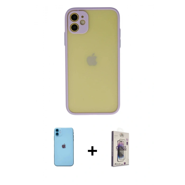MARSİLYAN™- iPhone 11 Kılıf Ahenk Çizgi Serisi - Siyah Bilvis 3D Cam Ekran Koruyucu + Neon Fosforlu Kamera Lens - MI