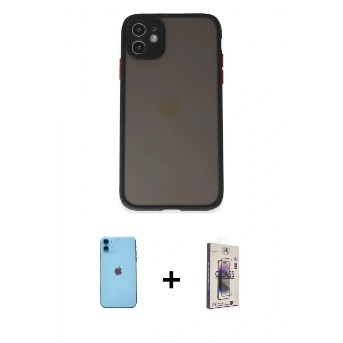 MARSİLYAN™- iPhone 11 Kılıf Ahenk Çizgi Serisi - Siyah Bilvis 3D Cam Ekran Koruyucu + Neon Fosforlu Kamera Lens - MI