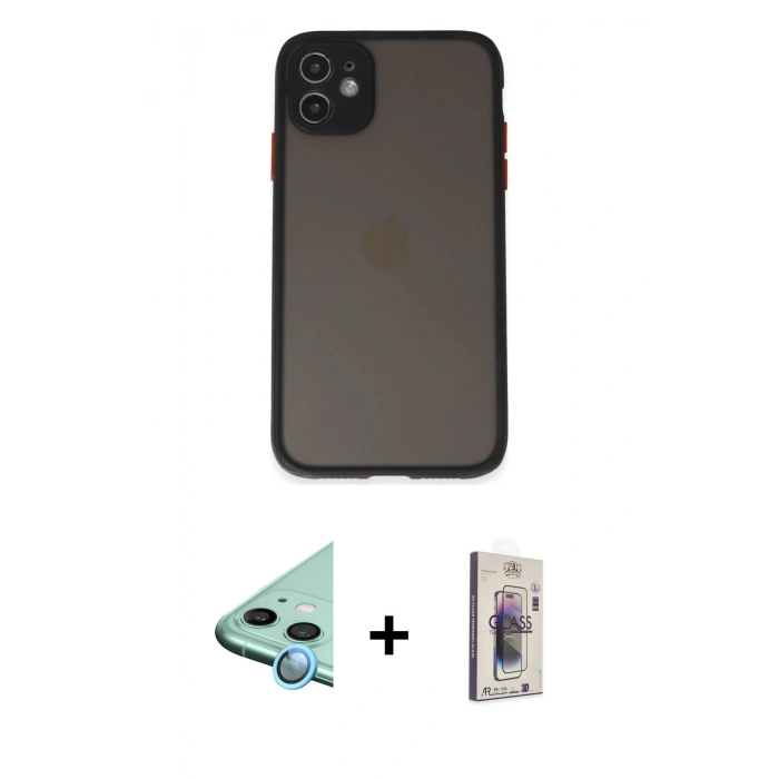 MARSİLYAN™- iPhone 11 Kılıf Ahenk Çizgi Serisi - Siyah Bilvis 3D Cam Ekran Koruyucu + Raze Metal Kamera Lens - MI