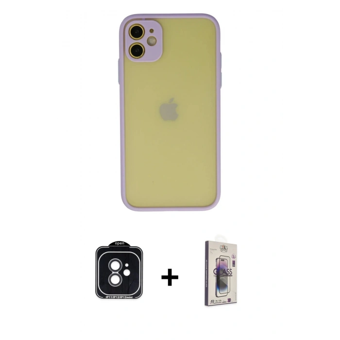 MARSİLYAN™- iPhone 11 Kılıf Ahenk Çizgi Serisi - Siyah Bilvis 3D Cam Ekran Koruyucu + PVD Metal Kamera Lens - SH