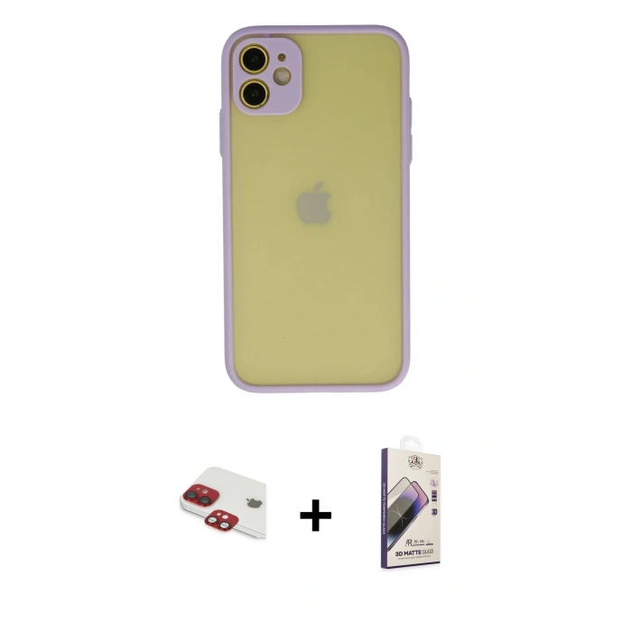 MARSİLYAN™- iPhone 11 Kılıf Ahenk Çizgi Serisi - Siyah Bilvis 3D Mat Cam Ekran Koruyucu + Pers Alüminyum Kamera Lens - KI