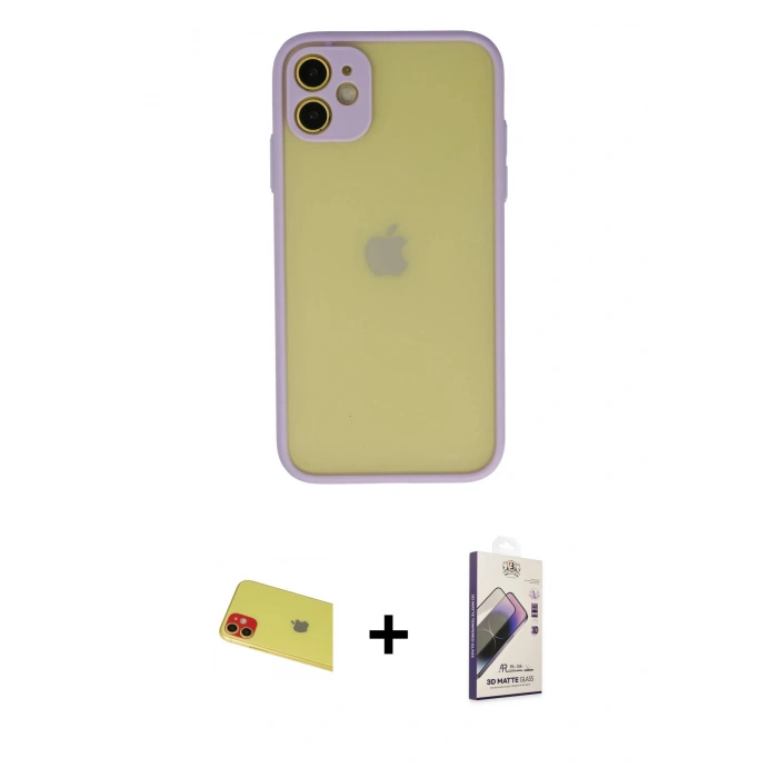 MARSİLYAN™- iPhone 11 Kılıf Ahenk Çizgi Serisi - Siyah Bilvis 3D Mat Cam Ekran Koruyucu + Rainbow Kamera Lens Koruma Cam - KI