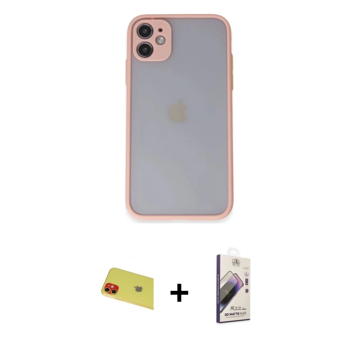 MARSİLYAN™- iPhone 11 Kılıf Ahenk Çizgi Serisi - Siyah Bilvis 3D Mat Cam Ekran Koruyucu + Rainbow Kamera Lens Koruma Cam - KI