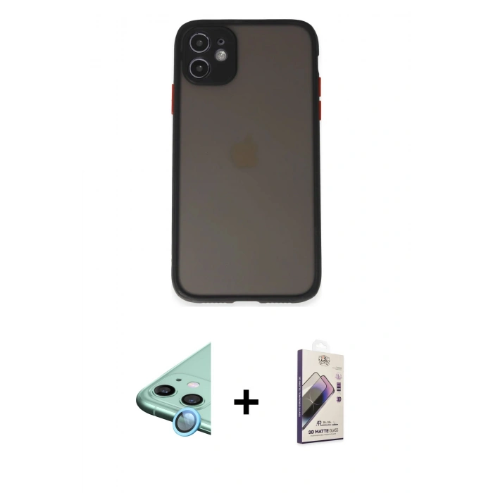 MARSİLYAN™- iPhone 11 Kılıf Ahenk Çizgi Serisi - Siyah Bilvis 3D Mat Cam Ekran Koruyucu + Raze Metal Kamera Lens - MI