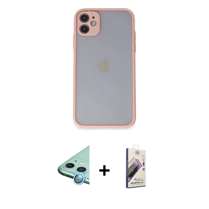 MARSİLYAN™- iPhone 11 Kılıf Ahenk Çizgi Serisi - Siyah Bilvis 3D Mat Cam Ekran Koruyucu + Raze Metal Kamera Lens - MI