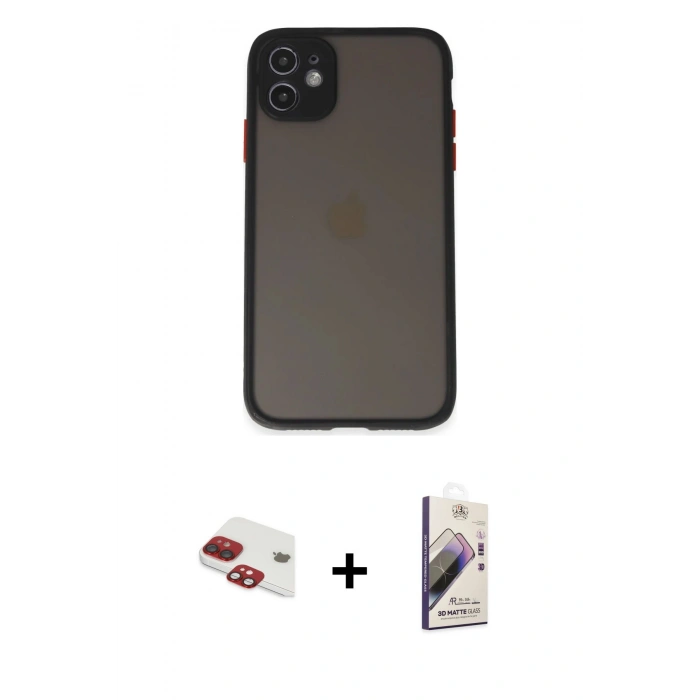 MARSİLYAN™- iPhone 11 Kılıf Ahenk Çizgi Serisi - Siyah Bilvis 3D Mat Cam Ekran Koruyucu + Pers Alüminyum Kamera Lens - KI