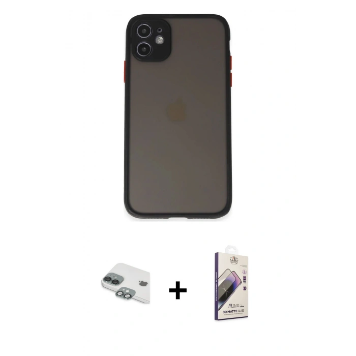 MARSİLYAN™- iPhone 11 Kılıf Ahenk Çizgi Serisi - Siyah Bilvis 3D Mat Cam Ekran Koruyucu + Pers Alüminyum Kamera Lens - YL