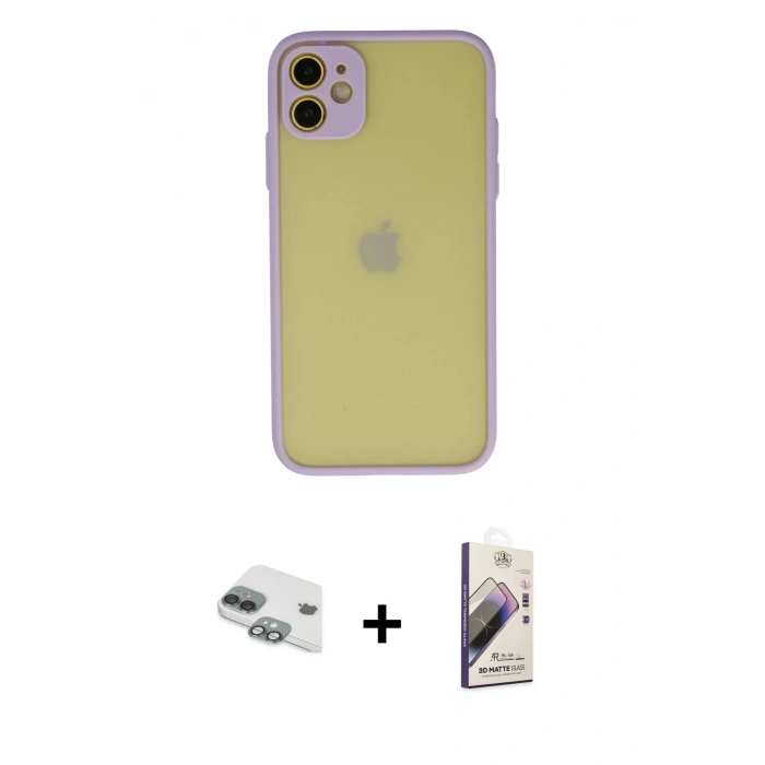 MARSİLYAN™- iPhone 11 Kılıf Ahenk Çizgi Serisi - Siyah Bilvis 3D Mat Cam Ekran Koruyucu + Pers Alüminyum Kamera Lens - YL