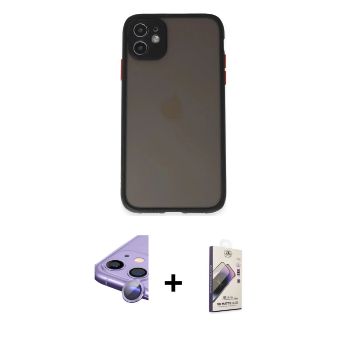 MARSİLYAN™- iPhone 11 Kılıf Ahenk Çizgi Serisi - Siyah Bilvis 3D Mat Cam Ekran Koruyucu + Raze Metal Kamera Lens - MR