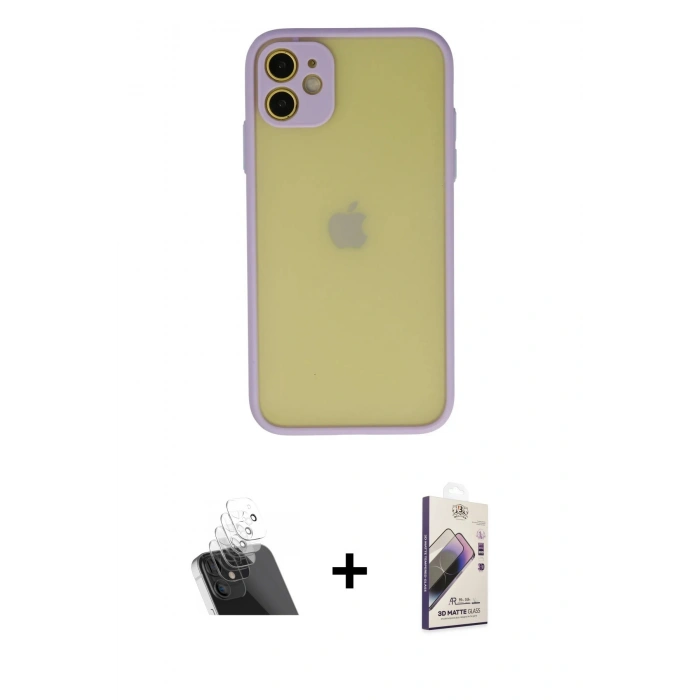 MARSİLYAN™- iPhone 11 Kılıf Ahenk Çizgi Serisi - Siyah Bilvis 3D Mat Cam Ekran Koruyucu + Şeffaf Kamera Lens Koruma Cam