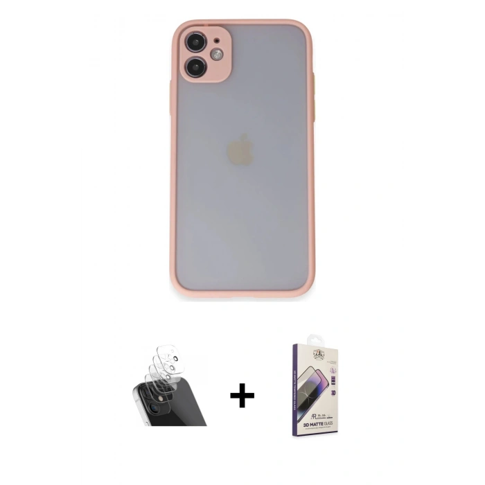 MARSİLYAN™- iPhone 11 Kılıf Ahenk Çizgi Serisi - Siyah Bilvis 3D Mat Cam Ekran Koruyucu + Şeffaf Kamera Lens Koruma Cam