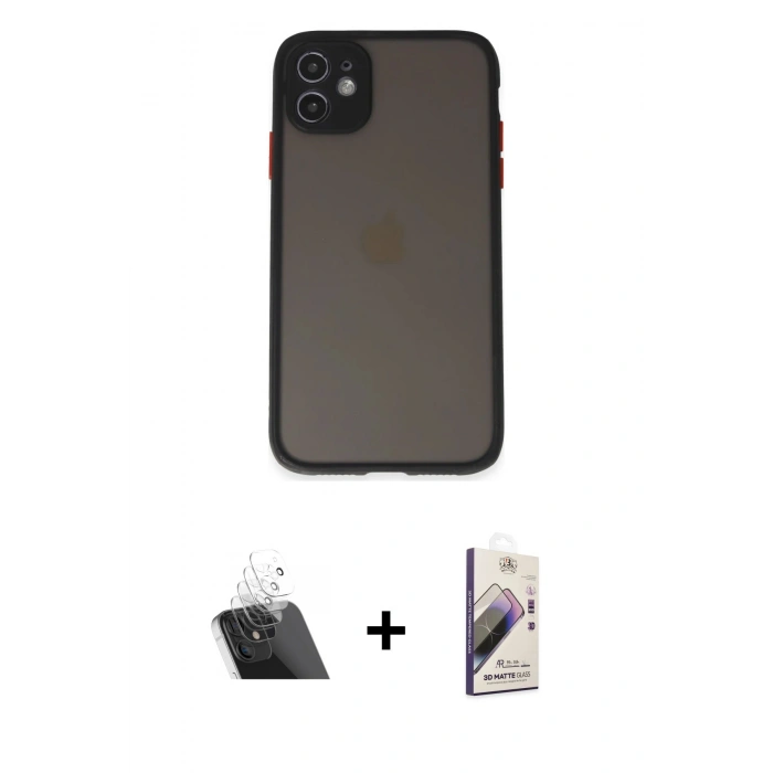 MARSİLYAN™- iPhone 11 Kılıf Ahenk Çizgi Serisi - Siyah Bilvis 3D Mat Cam Ekran Koruyucu + Şeffaf Kamera Lens Koruma Cam