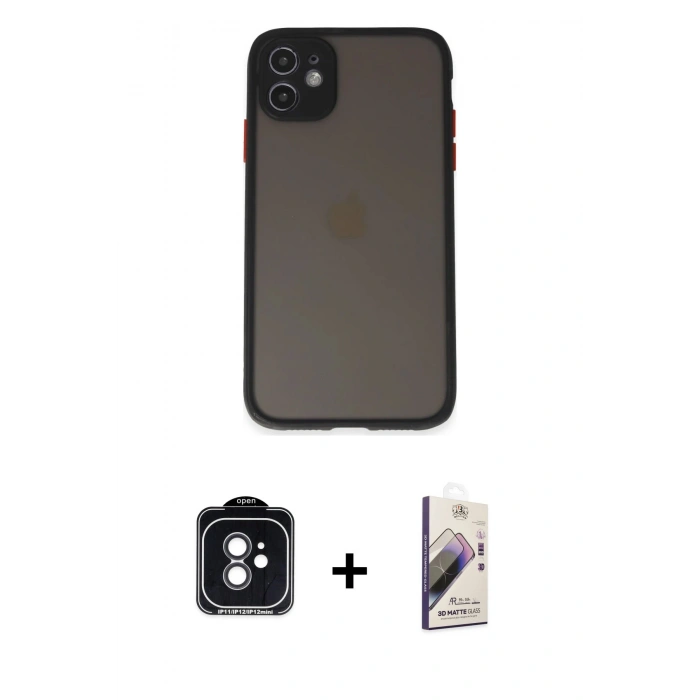 MARSİLYAN™- iPhone 11 Kılıf Ahenk Çizgi Serisi - Siyah Bilvis 3D Mat Cam Ekran Koruyucu + PVD Metal Kamera Lens - SH