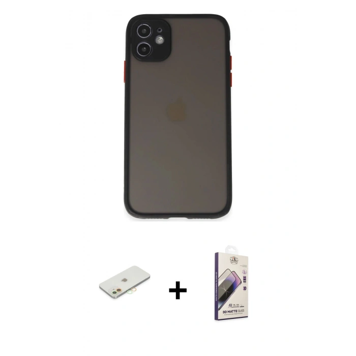 MARSİLYAN™- iPhone 11 Kılıf Ahenk Çizgi Serisi - Siyah Bilvis 3D Mat Cam Ekran Koruyucu + Renkli Kamera Lens Koruma Cam - TU