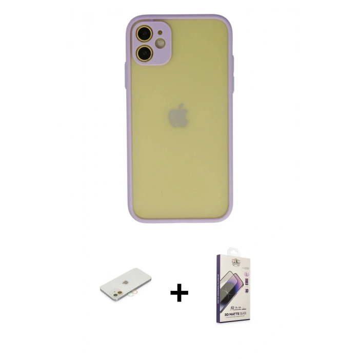 MARSİLYAN™- iPhone 11 Kılıf Ahenk Çizgi Serisi - Siyah Bilvis 3D Mat Cam Ekran Koruyucu + Renkli Kamera Lens Koruma Cam - TU