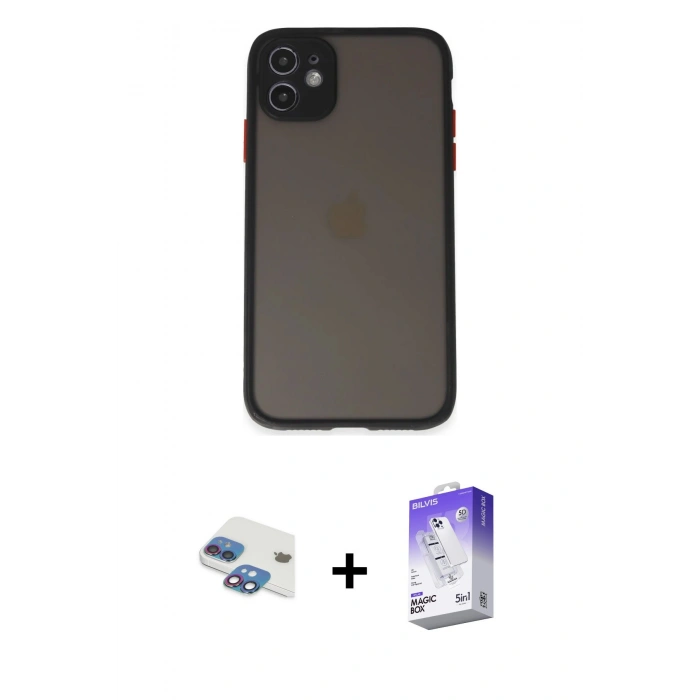 MARSİLYAN™- iPhone 11 Kılıf Ahenk Çizgi Serisi - Siyah Bilvis 5in1 3D Magic Cam Ekran Koruyucu + Pers Alüminyum Kamera Lens - GI