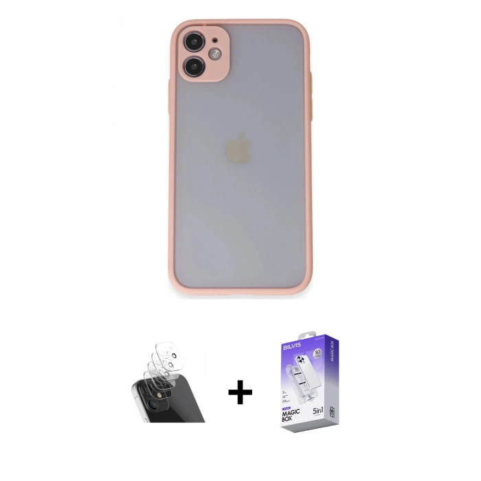 MARSİLYAN™- iPhone 11 Kılıf Ahenk Çizgi Serisi - Siyah Bilvis 5in1 3D Magic Cam Ekran Koruyucu + Kamera Lens Koruma Cam - SF