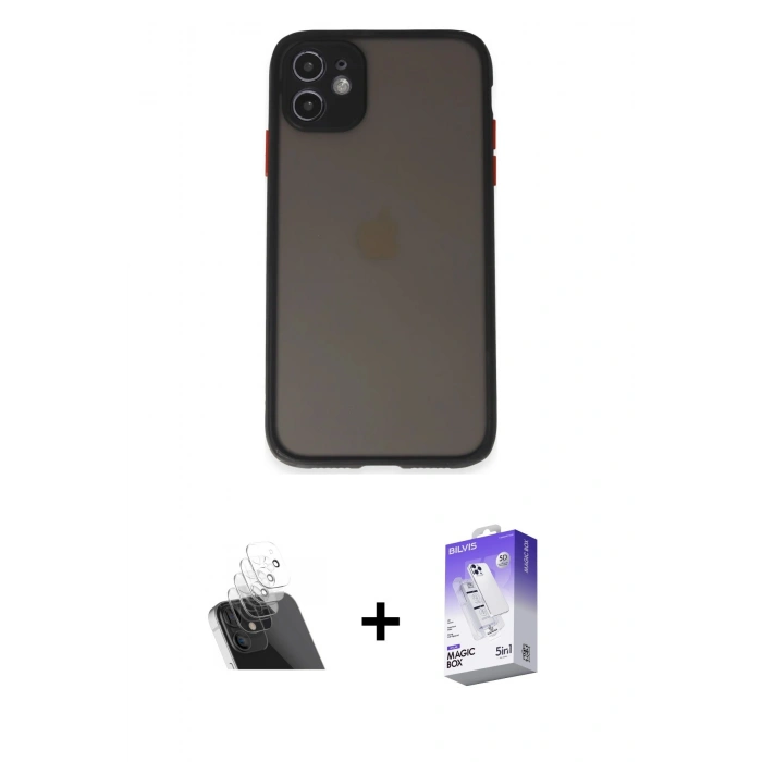MARSİLYAN™- iPhone 11 Kılıf Ahenk Çizgi Serisi - Siyah Bilvis 5in1 3D Magic Cam Ekran Koruyucu + Kamera Lens Koruma Cam - SF