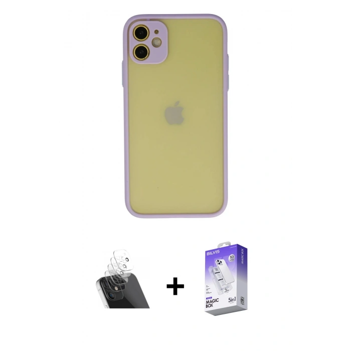 MARSİLYAN™- iPhone 11 Kılıf Ahenk Çizgi Serisi - Siyah Bilvis 5in1 3D Magic Cam Ekran Koruyucu + Kamera Lens Koruma Cam - SF