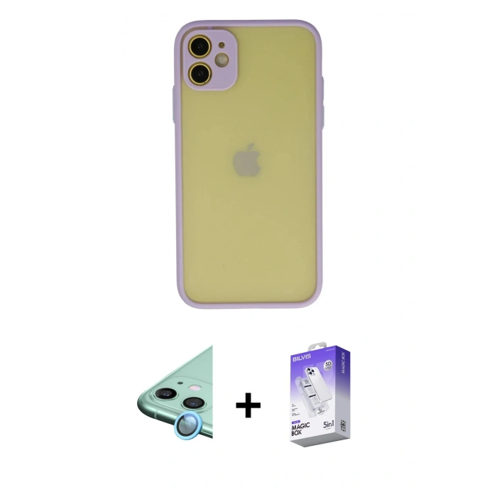 MARSİLYAN™- iPhone 11 Kılıf Ahenk Çizgi Serisi - Siyah Bilvis 5in1 3D Magic Cam Ekran Koruyucu + Raze Metal Kamera Lens - MI