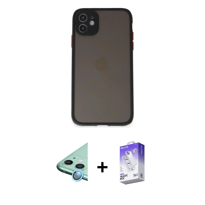 MARSİLYAN™- iPhone 11 Kılıf Ahenk Çizgi Serisi - Siyah Bilvis 5in1 3D Magic Cam Ekran Koruyucu + Raze Metal Kamera Lens - MI
