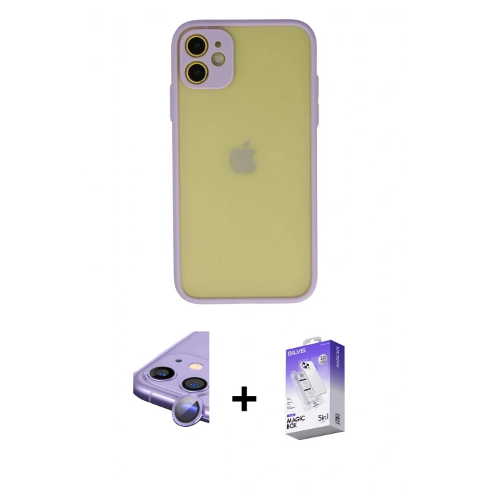 MARSİLYAN™- iPhone 11 Kılıf Ahenk Çizgi Serisi - Siyah Bilvis 5in1 3D Magic Cam Ekran Koruyucu + Raze Metal Kamera Lens - MR