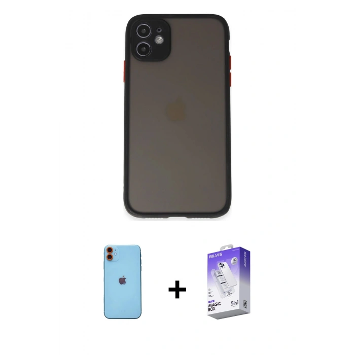 MARSİLYAN™- iPhone 11 Kılıf Ahenk Çizgi Serisi - Siyah Bilvis 5in1 3D Magic Cam Ekran Koruyucu + Neon Fosforlu Kamera Lens - TU