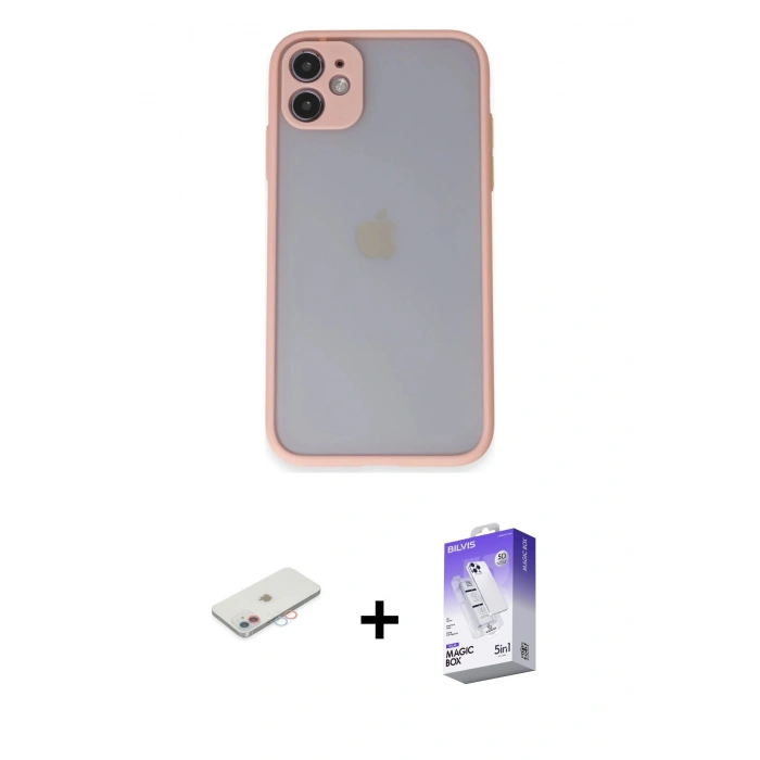 MARSİLYAN™- iPhone 11 Kılıf Ahenk Çizgi Serisi - Siyah Bilvis 5in1 3D Magic Cam Ekran Koruyucu + Renkli Kamera Lens Koruma Cam - PE