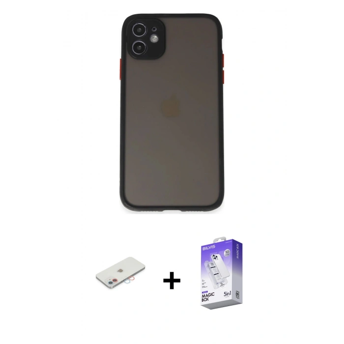 MARSİLYAN™- iPhone 11 Kılıf Ahenk Çizgi Serisi - Siyah Bilvis 5in1 3D Magic Cam Ekran Koruyucu + Renkli Kamera Lens Koruma Cam - PE