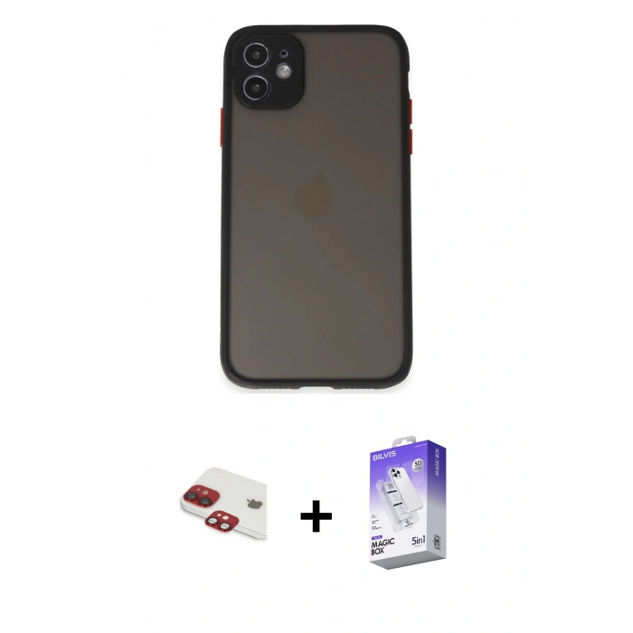 MARSİLYAN™- iPhone 11 Kılıf Ahenk Çizgi Serisi - Siyah Bilvis 5in1 3D Magic Cam Ekran Koruyucu + Pers Alüminyum Kamera Lens - KI