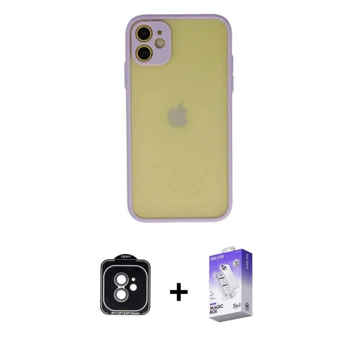MARSİLYAN™- iPhone 11 Kılıf Ahenk Çizgi Serisi - Siyah Bilvis 5in1 3D Magic Cam Ekran Koruyucu + PVD Metal Kamera Lens - YL